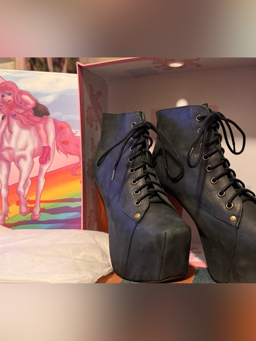 TRUE VINTAGE LITAS! Jeffrey Campbell Litas in Black Leather with Wooden Heels